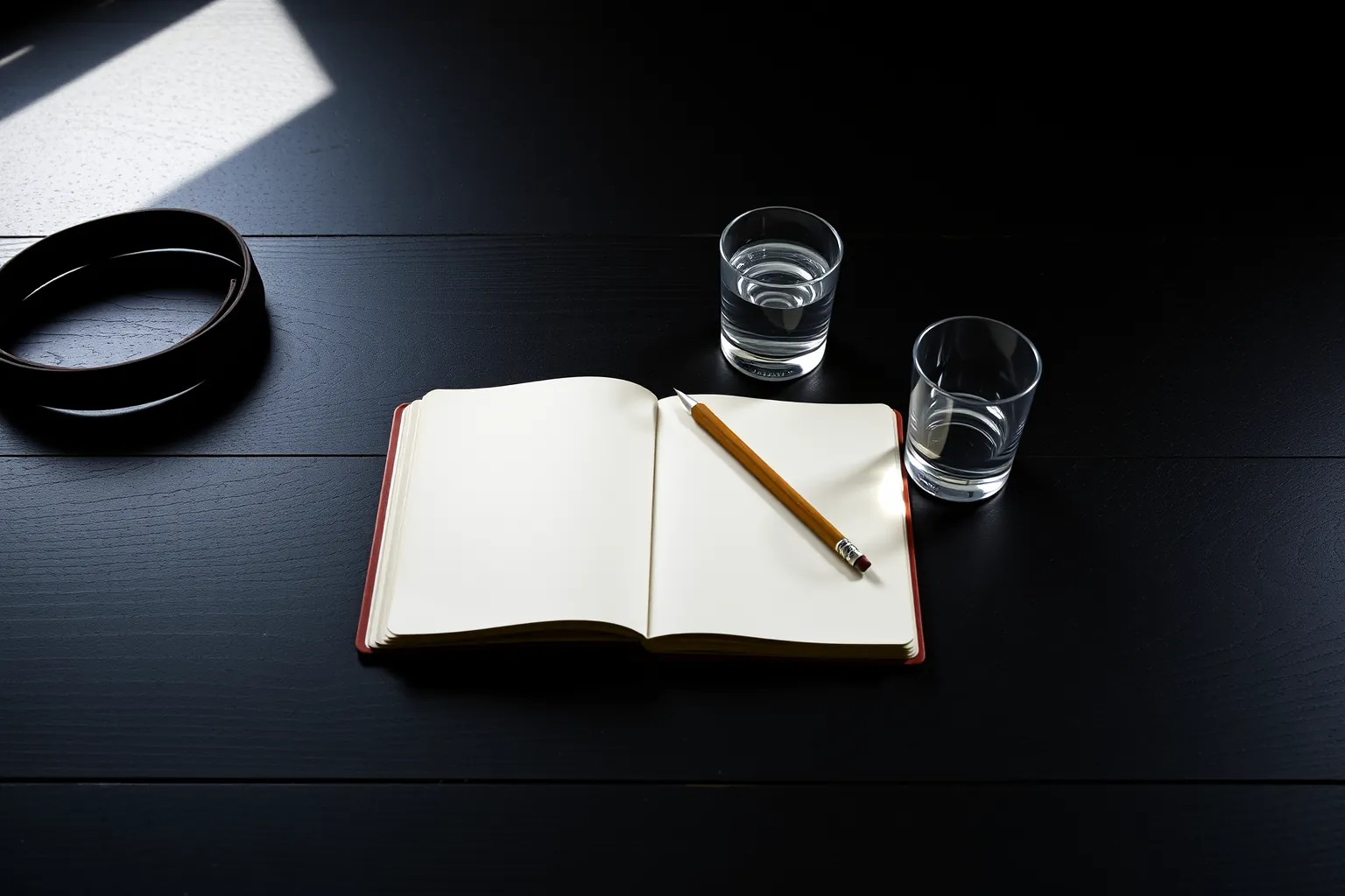 Un carnet ouvert et un crayon à côté d'une ceinture noire enroulée, sur une table sombre.