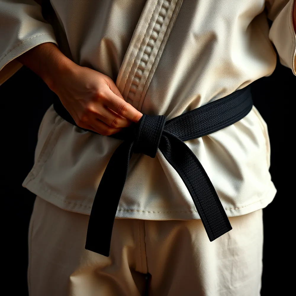Gros plan de deux mains nouant une ceinture noire sur un karatégi blanc.