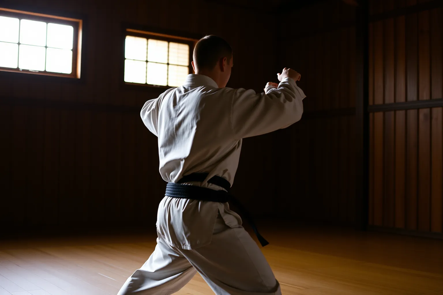 Un pratiquant en karatégi blanc et ceinture noire, en garde, dans un dojo éclairé par de grandes fenêtres.