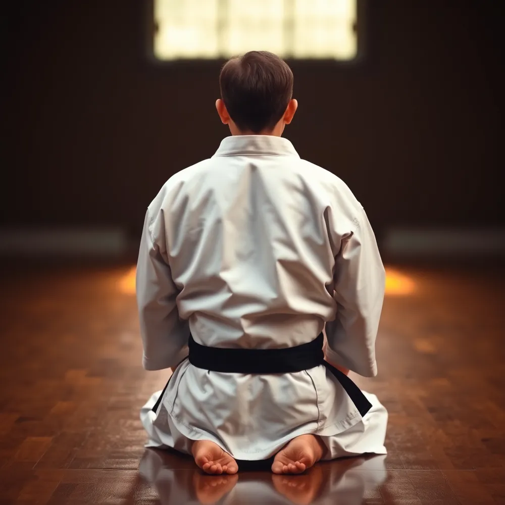 Un jeune pratiquant agenouillé de dos, karatégi blanc et ceinture noire, dans un dojo.